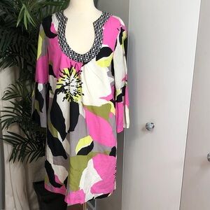 Trina Turk Pink, Lime & Black Floral V-Neck Mini Dress